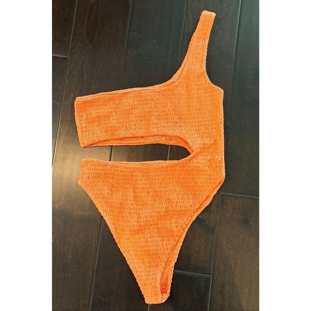 Naked Wardrobe Orange One Shoulder Cutout Swimsuit XL Crinkle Stretch High Cut N